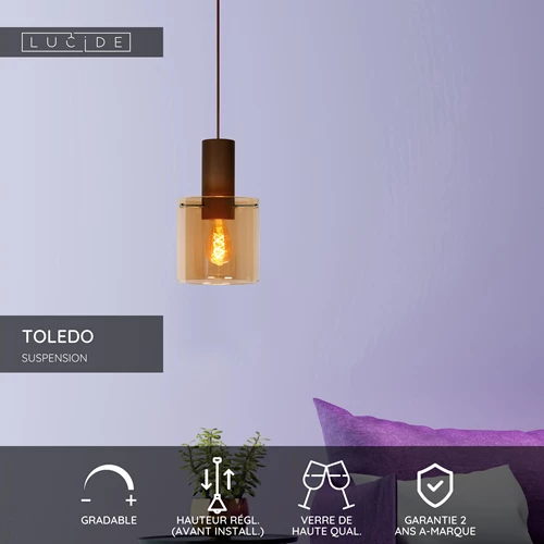 Lucide TOLEDO - Suspension - Ø 20 cm - 1xE27 - Ambre - USP